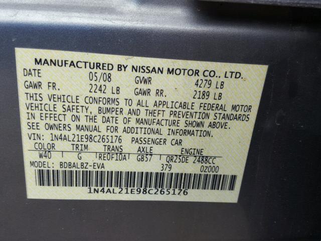 1N4AL21E98C265176 - 2008 NISSAN ALTIMA 2.5 GRAY photo 10