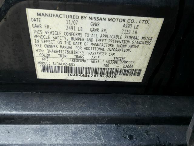 1N4BA41E78C818039 - 2008 NISSAN MAXIMA SE BLACK photo 10