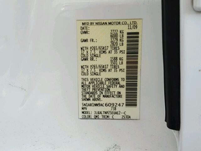 5N1AR1NN9AC609247 - 2010 NISSAN PATHFINDER WHITE photo 10