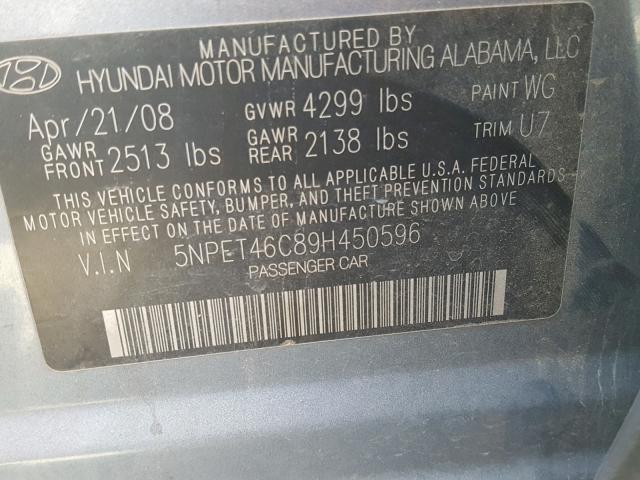 5NPET46C89H450596 - 2009 HYUNDAI SONATA GLS SILVER photo 10