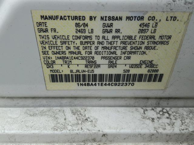 1N4BA41E44C922370 - 2004 NISSAN MAXIMA SE WHITE photo 10