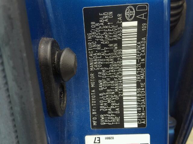 2T1BU40E39C067596 - 2009 TOYOTA COROLLA BA BLUE photo 10