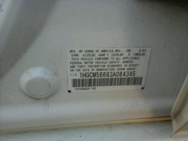 1HGCM56683A064345 - 2003 HONDA ACCORD EX WHITE photo 10