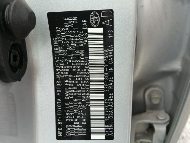 2T1BR30E28C938594 - 2008 TOYOTA COROLLA CE SILVER photo 10