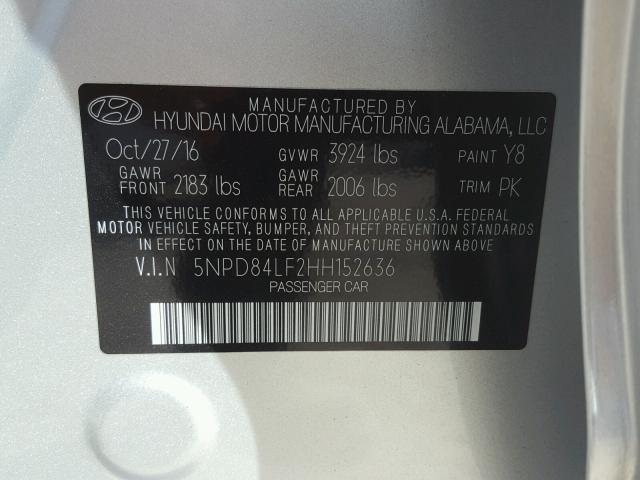 5NPD84LF2HH152636 - 2017 HYUNDAI ELANTRA SE SILVER photo 10