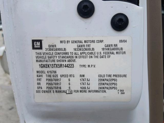 1GKEK13TX5R144223 - 2005 GMC YUKON WHITE photo 10