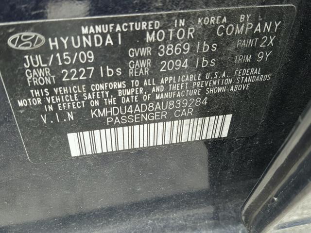 KMHDU4AD8AU839284 - 2010 HYUNDAI ELANTRA BL BLUE photo 10