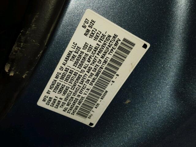 5FNRL38697B113871 - 2007 HONDA ODYSSEY EX BLUE photo 10