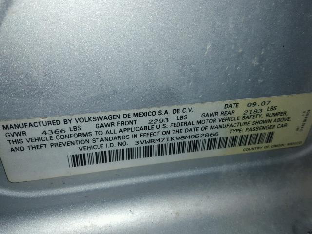 3VWRM71K98M052866 - 2008 VOLKSWAGEN JETTA SE SILVER photo 10