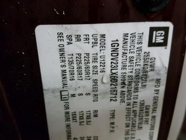 1GNDV23LX6D216712 - 2006 CHEVROLET UPLANDER L 栗色 照片 10