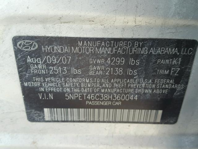 5NPET46C38H360044 - 2008 HYUNDAI SONATA GLS SILVER photo 10