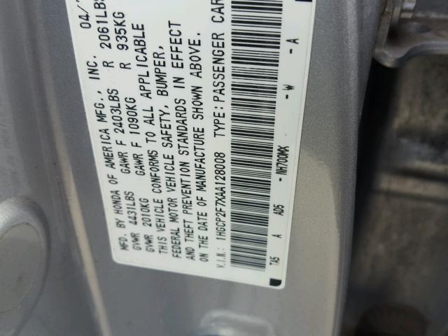 1HGCP2F7XAA128008 - 2010 HONDA ACCORD EX SILVER photo 10