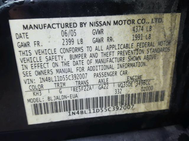 1N4BL11D55C392007 - 2005 NISSAN ALTIMA SE BLACK photo 10