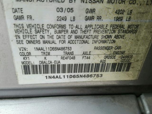 1N4AL11D65N486753 - 2005 NISSAN ALTIMA S SILVER photo 10