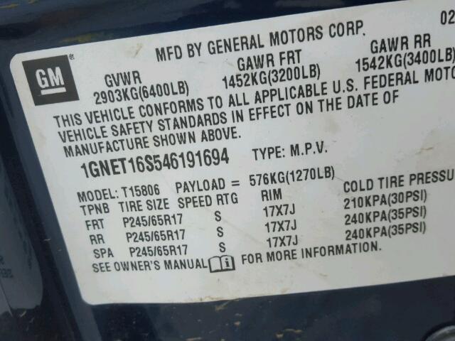 1GNET16S546191694 - 2004 CHEVROLET TRAILBLAZE BLUE photo 10