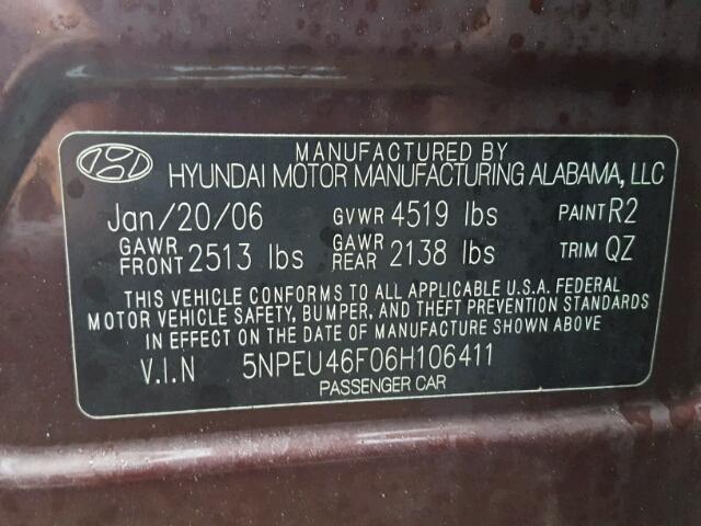 5NPEU46F06H106411 - 2006 HYUNDAI SONATA GLS BURGUNDY photo 10