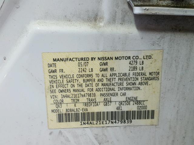 1N4AL21E17N479839 - 2007 NISSAN ALTIMA 2.5 WHITE photo 10