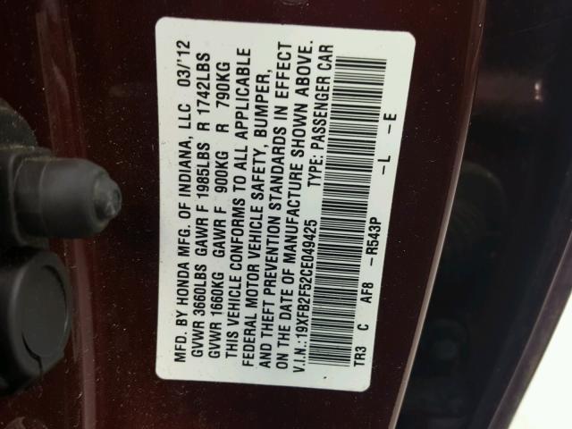 19XFB2F52CE049425 - 2012 HONDA CIVIC LX BURGUNDY photo 10