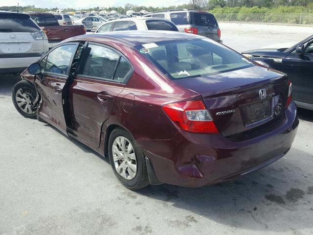 19XFB2F52CE049425 - 2012 HONDA CIVIC LX BURGUNDY photo 3