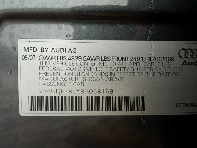 WAUDF78EX8A068169 - 2008 AUDI A4 2.0T QU GRAY photo 10