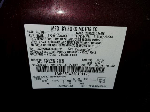 1FAHP2DW6BG101195 - 2011 FORD TAURUS SE MAROON photo 10