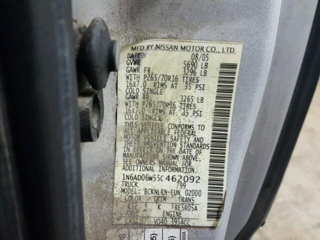 1N6AD06W55C462092 - 2005 NISSAN FRONTIER K SILVER photo 10