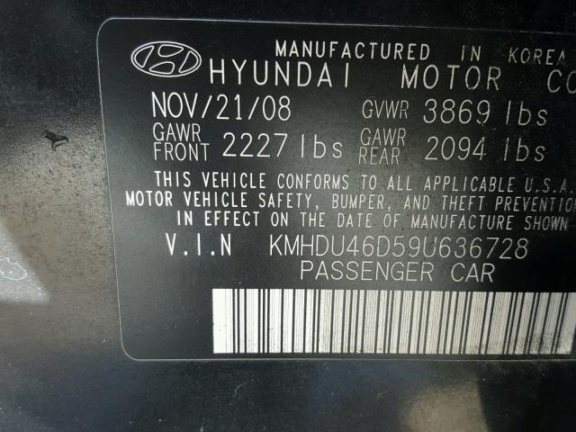 KMHDU46D59U636728 - 2009 HYUNDAI ELANTRA GL BLACK photo 10