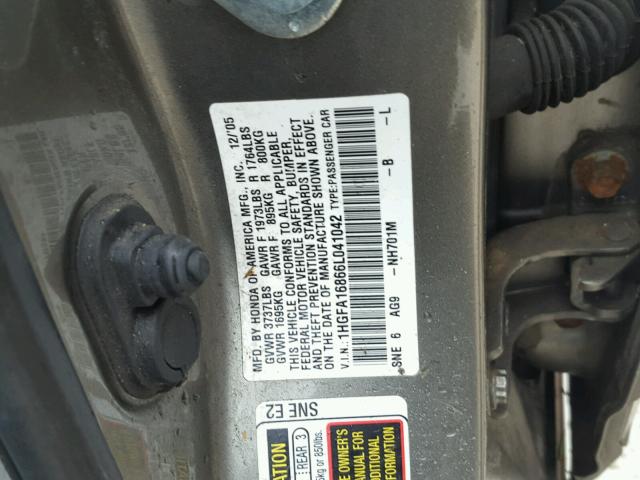 1HGFA16866L041042 - 2006 HONDA CIVIC EX GRAY photo 10