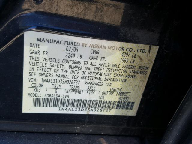 1N4AL11D35N928727 - 2005 NISSAN ALTIMA S BLACK photo 10