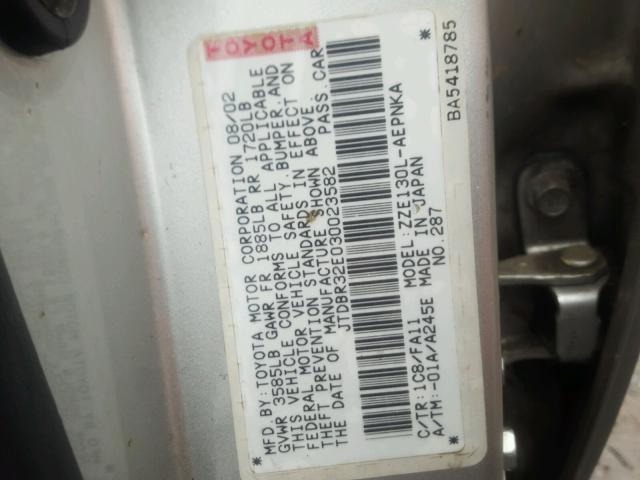 JTDBR32E030023582 - 2003 TOYOTA COROLLA CE SILVER photo 10