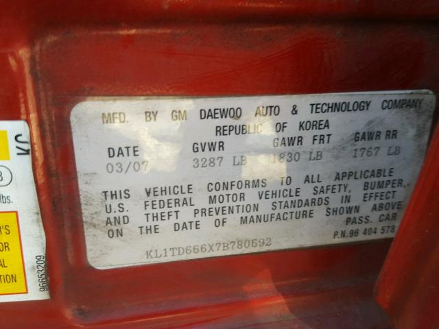 KL1TD666X7B780692 - 2007 CHEVROLET AVEO BASE Bordo fotoğraf 10