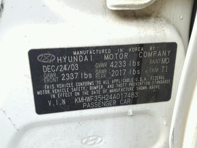 KMHWF35H24A017483 - 2004 HYUNDAI SONATA GLS WHITE photo 10