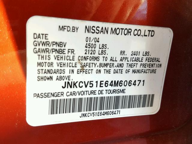 JNKCV51E64M606471 - 2004 INFINITI G35 RED photo 10