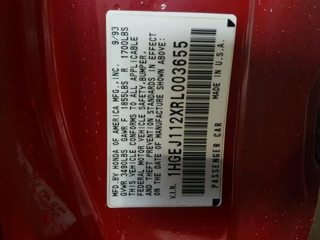 1HGEJ112XRL003655 - 1994 HONDA CIVIC EX წითელი ფოტო 10