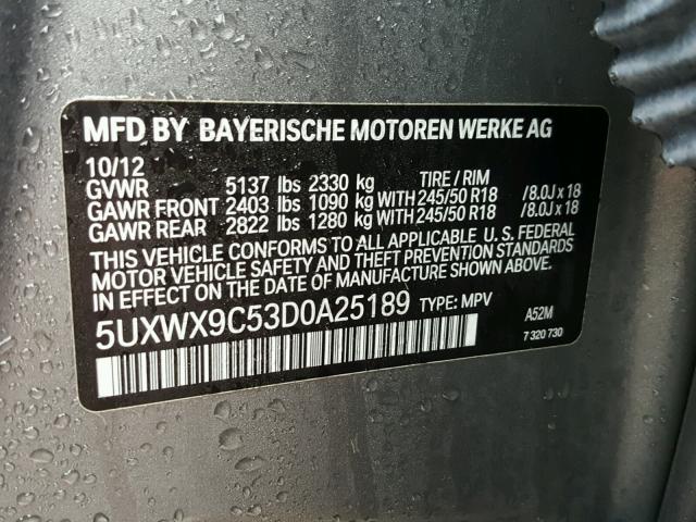5UXWX9C53D0A25189 - 2013 BMW X3 XDRIVE2 ნაცრისფერი ფოტო 10