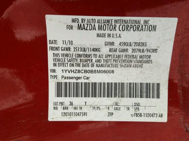 1YVHZ8CB0B5M06008 - 2011 MAZDA 6 S RED photo 10