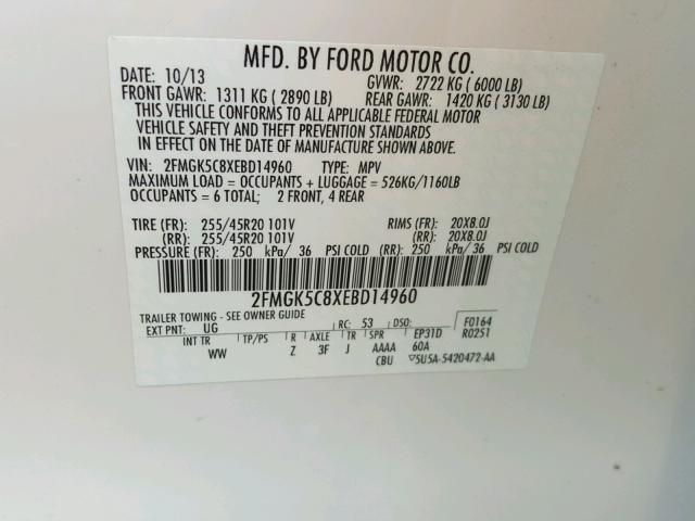 2FMGK5C8XEBD14960 - 2014 FORD FLEX SEL WHITE photo 10