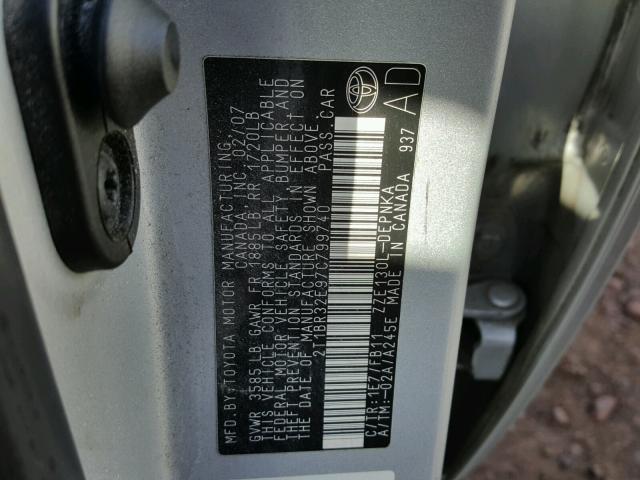 2T1BR32E97C799740 - 2007 TOYOTA COROLLA CE SILVER photo 10