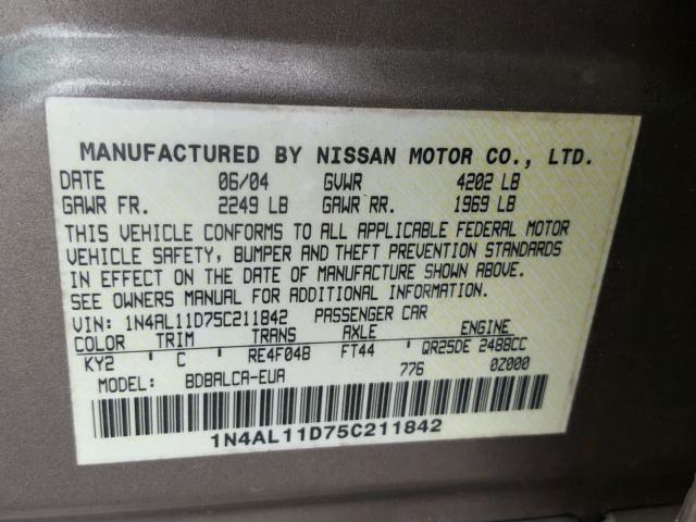 1N4AL11D75C211842 - 2005 NISSAN ALTIMA S BEIGE photo 10