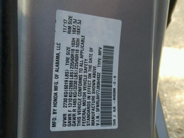 5FNRL6H77JB064932 - 2018 HONDA ODYSSEY EX SILVER photo 10