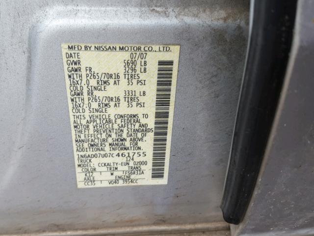 1N6AD07U07C461755 - 2007 NISSAN FRONTIER C SILVER photo 10