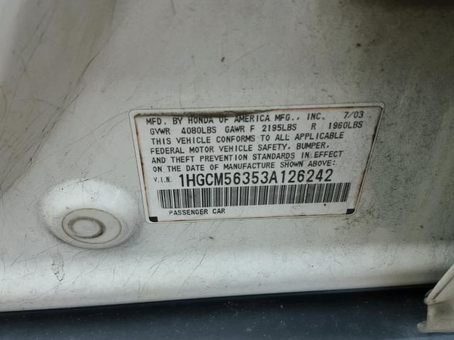 1HGCM56353A126242 - 2003 HONDA ACCORD LX WHITE photo 10