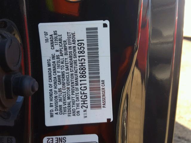 2HGFG11868H518591 - 2008 HONDA CIVIC EX შავი ფოტო 10