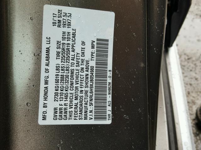 5FNRL6H9XJB054980 - 2018 HONDA ODYSSEY EL رمادي صورة 10