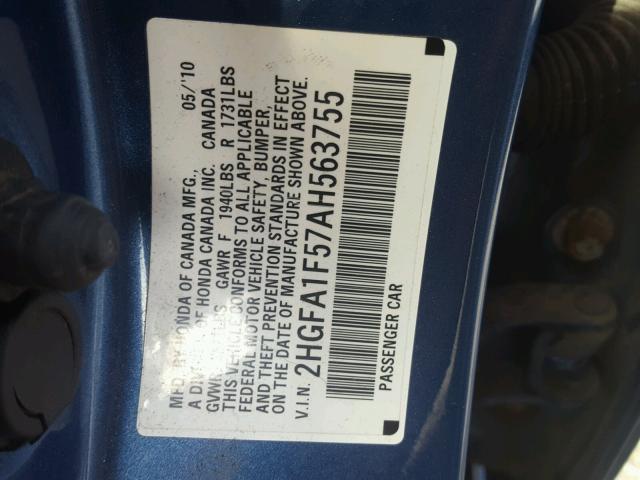 2HGFA1F57AH563755 - 2010 HONDA CIVIC LX BLUE photo 10