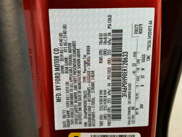 3FA6P0H90ER128633 - 2014 FORD FUSION SE RED photo 10