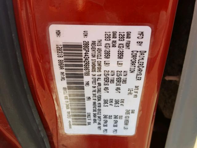 2B8GP44342R608789 - 2002 DODGE GRAND CARA RED photo 10