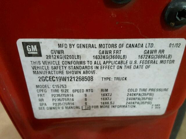 2GCEC19W121268508 - 2002 CHEVROLET SILVERADO RED photo 10