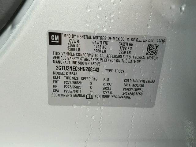 3GTU2NEC5HG208443 - 2017 GMC SIERRA K15 SILVER photo 10