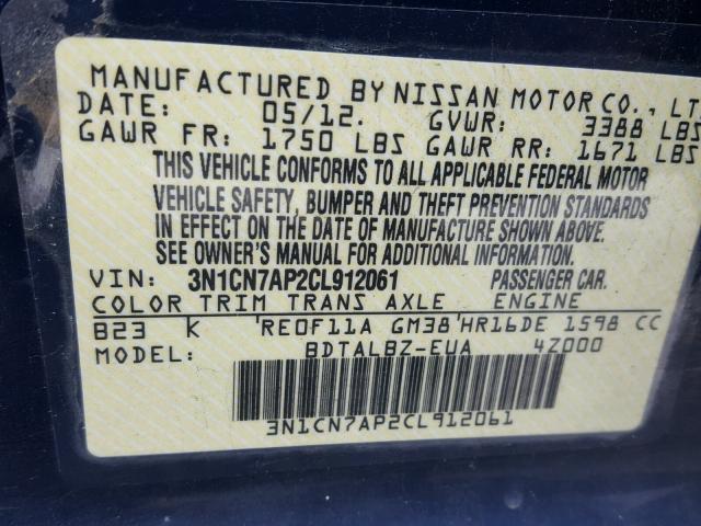 3N1CN7AP2CL912061 - 2012 NISSAN VERSA S BLUE photo 10